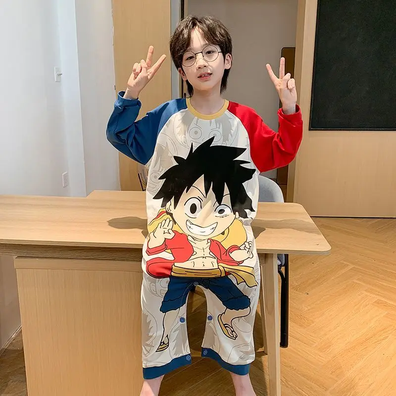 

Kawaii One Piece Luffy Print Kids Jumpsuit Pajamas Boys Long Sleeve Cartoon Sleepwear Soft Cotton Homewear with Foot Cover Cute