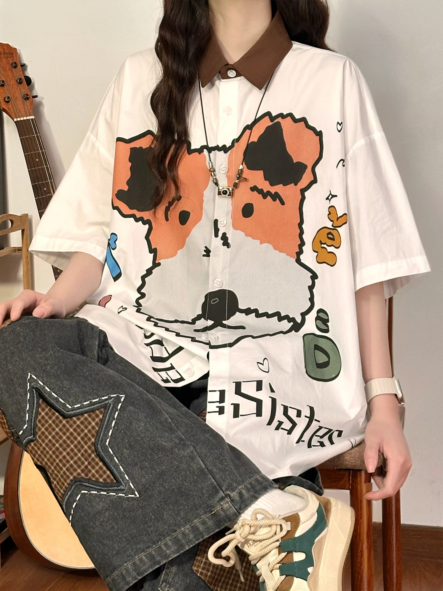 

Cute fiti Dog Print ort Sve Loose Casual irt Original Japanese Sle Street Faion Cotton Breathable Women's Top