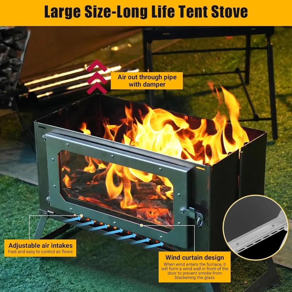 Factory Direct 2026 Portable Hot Tent Stove, Wood Burning for Camping, Stainless Steel with View Glass, 5 Chimney Pipes