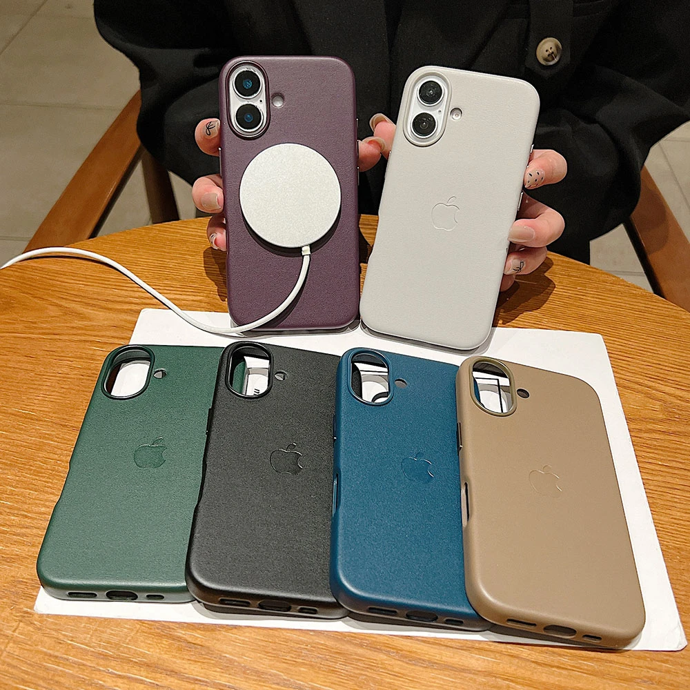 Luxury Leather Apple Logo Magnetic Wireless Charge Case For iPhone 16 Pro Max 16 For Magsafe Solid Color With Box Phone Cover