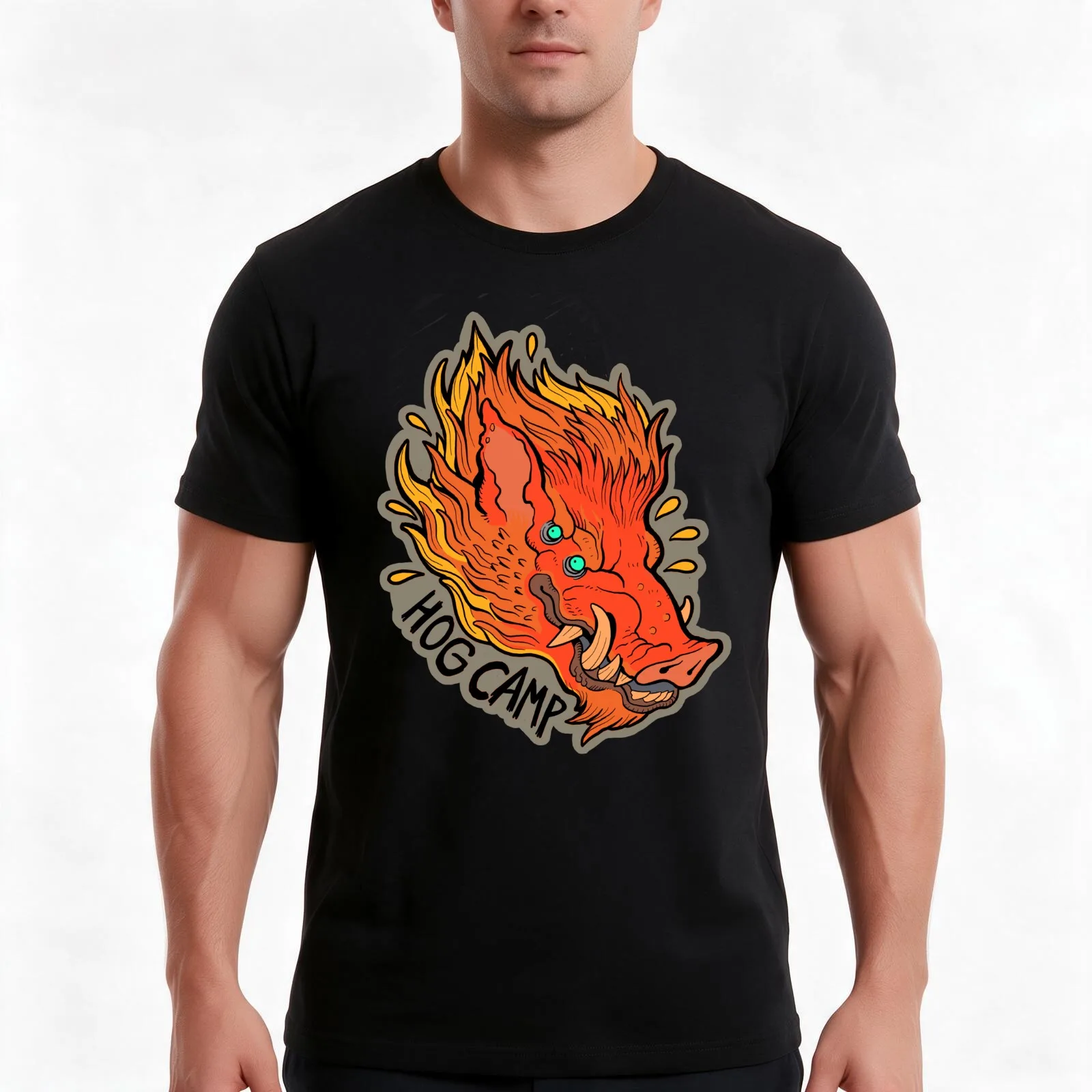 Hog Camp Mascot! T-Shirt, Summer Casual Cotton Tee, Oversized Streetwear Tops, Vintage Graphic Print, Loose Fit Short Sleeve