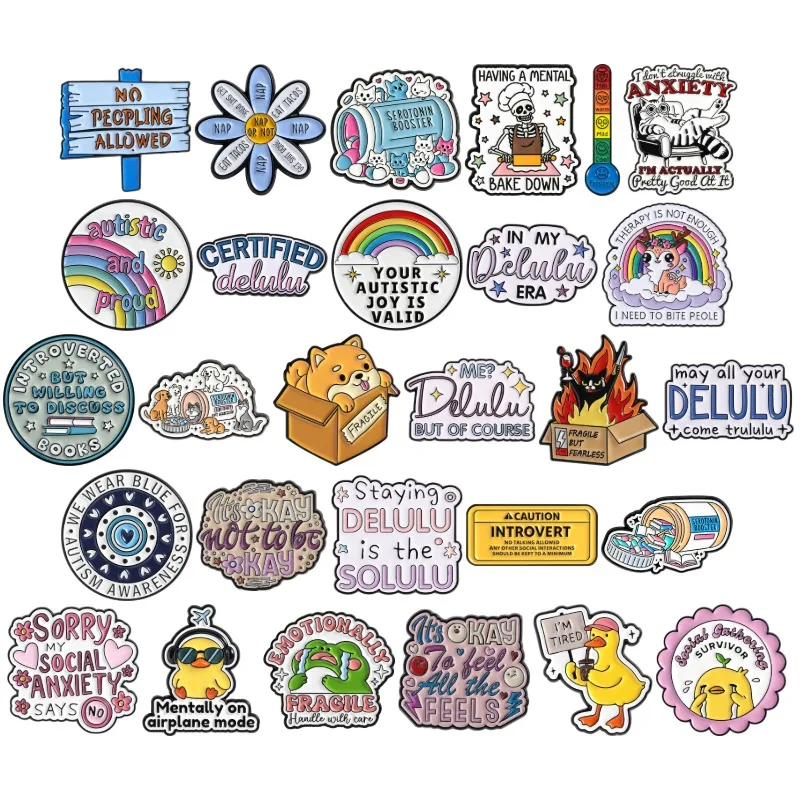 ADHD Awareness Collection Enamel Pins Anti-depression Cat Dog Books Brooch Lapel Badge Fragile Animal Quotes Jewelry Gift