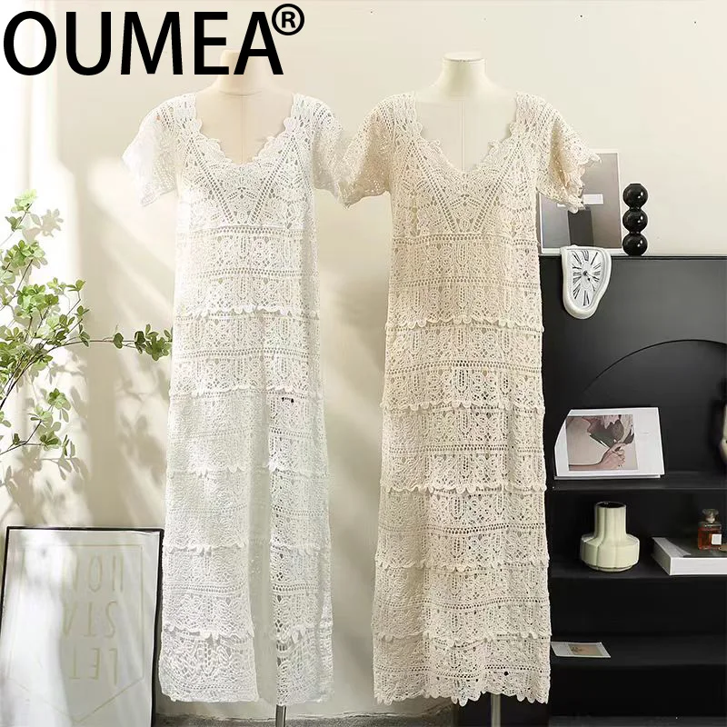 OUMEA Women Crochet Dress Short Sleeve V Neck Beach Crochet Long Dress Vintage Embroidered Knitting Dress