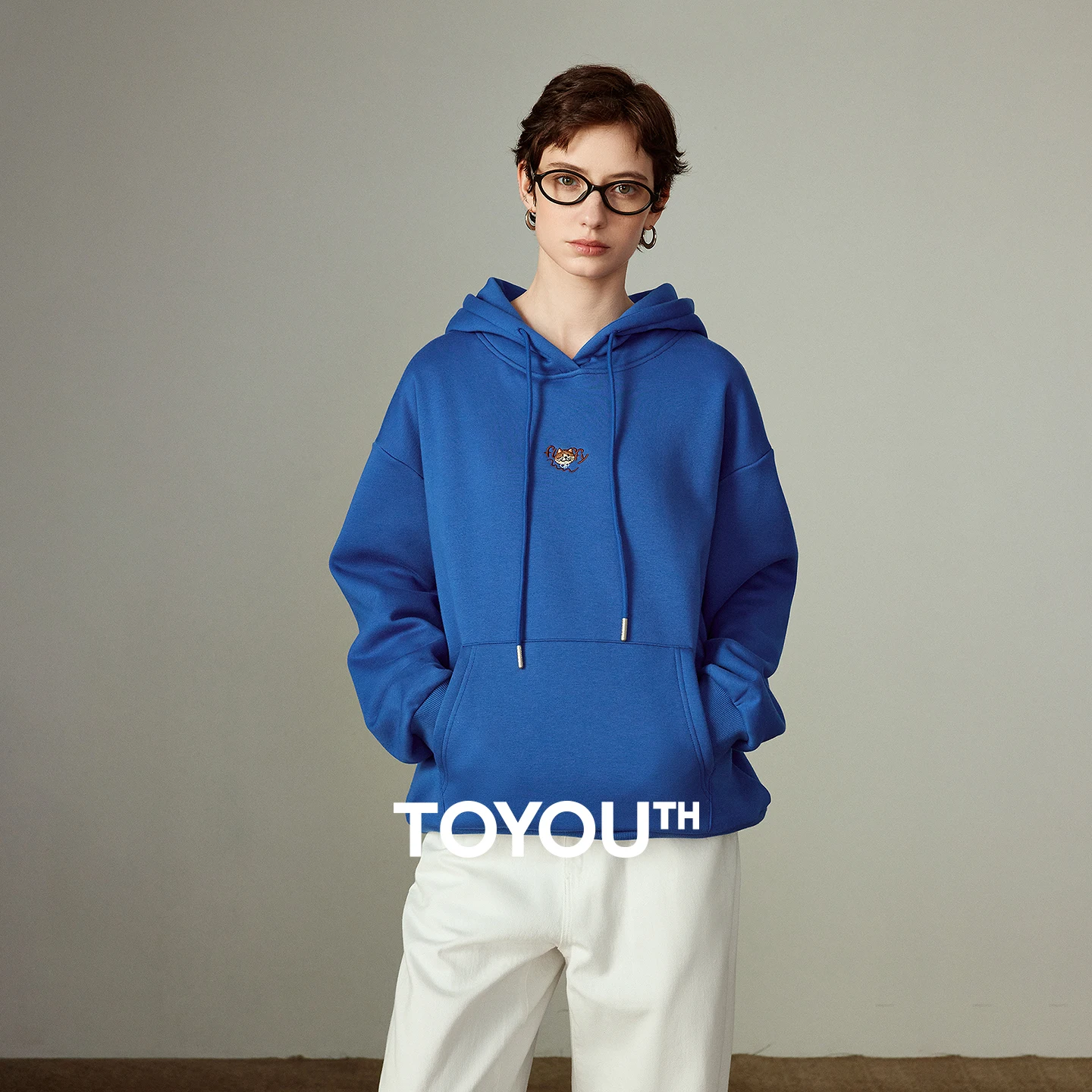 TOYOUTH Women Hoodies 2026 Winter New Fleece-lined Cat Embroidery Loose Hooded Klein Blue Age-reducing Tops