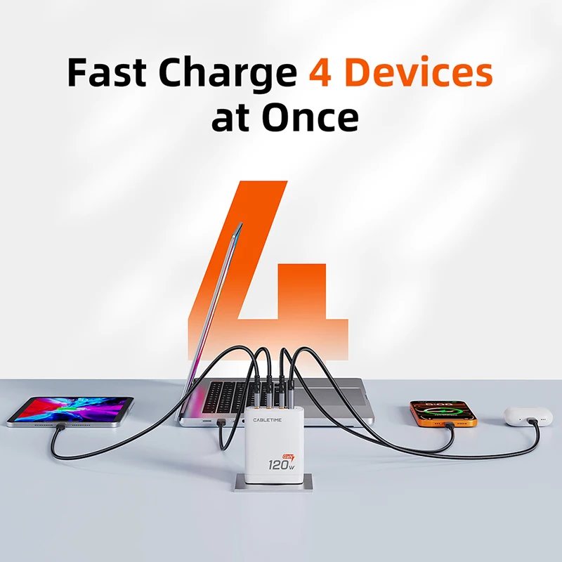 CABLETIME 4 IN 1 120W GaN Charger 120W Max Fast Charge 3 USB C With1 USB A Port Fewer Heat for Laptop Phone HUAWEI XIAOMI