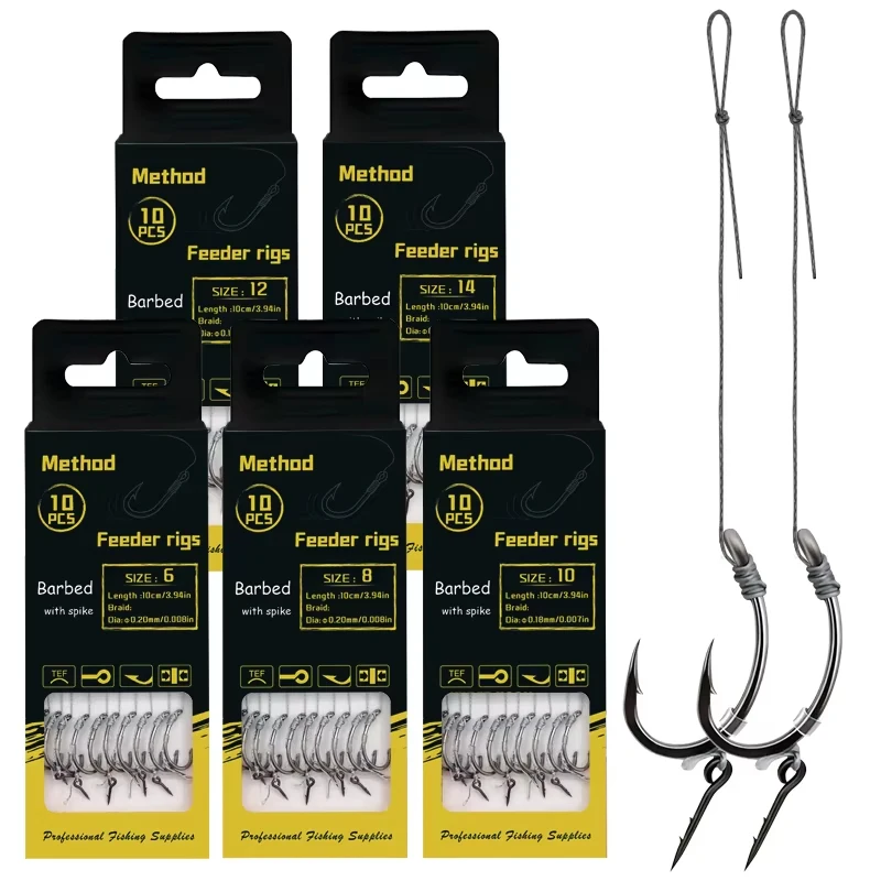 YOTO New Carp Fishing Method Feeder Rigs - Braided Line with Barbed Hooks (Size 6, 8, 10, 12) for Carp Fishing