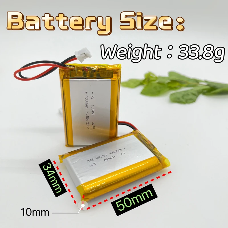 103450 3.7v 3000/4000mah bateria recarregável de polímero de lítio de alta capacidade 2.0mm conector de 2 pinos para câmera gps mp5 fone de ouvido bluetooth