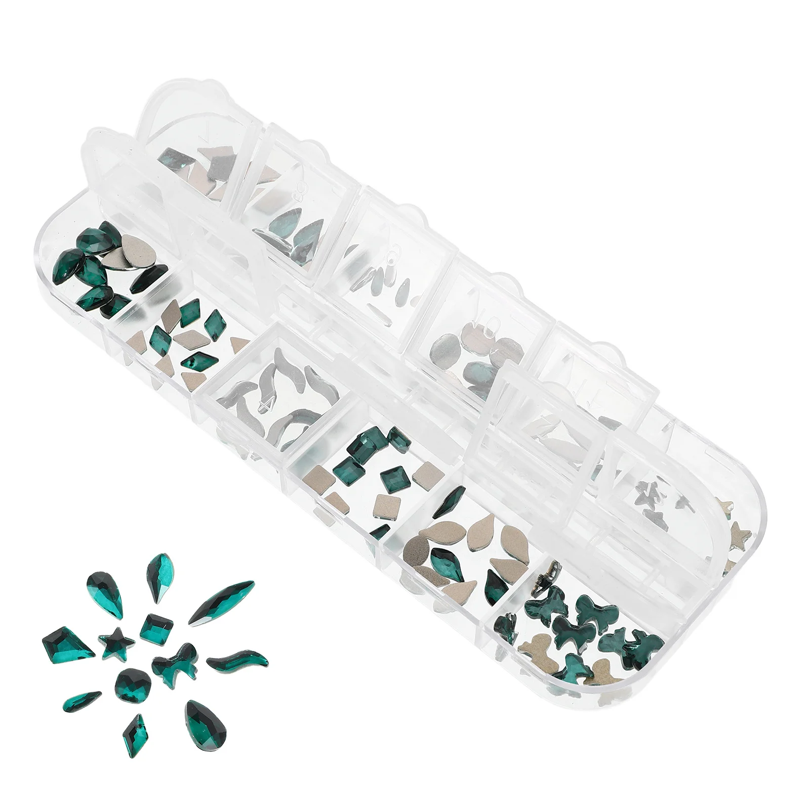 120개 라인스톤 키트 12칸 플랫 백 스톤 DIY 네일 아트 장식 여성 펑크 참스 그린 스톤 공예 네일 아트 액세서리