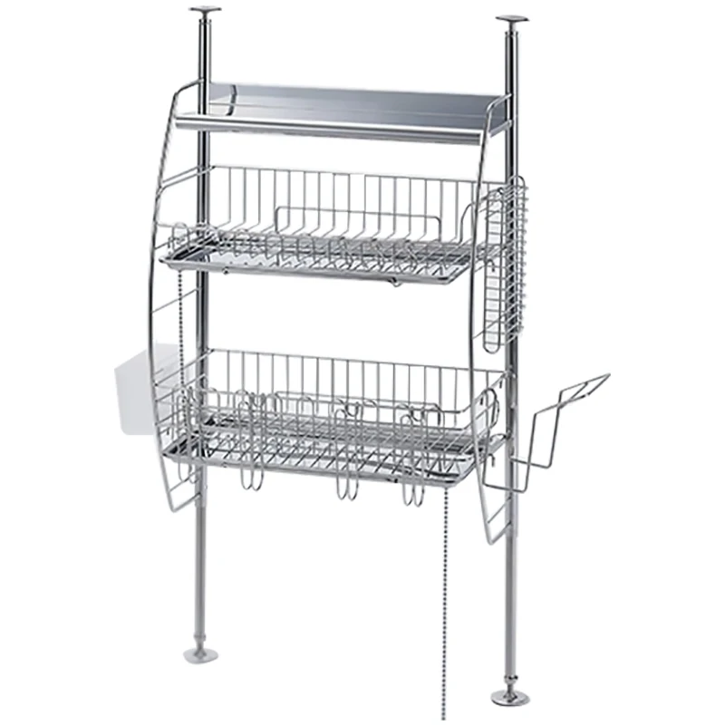 Super large three-layer bowl and tray air dried drainage rack, Japanese style kitchen column storage rack, no punching