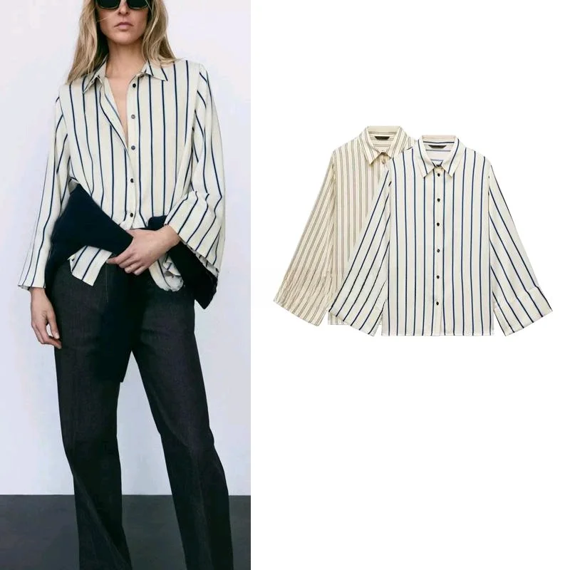 

Новинка весенней коллекции: женская блузка с широким воротником, полосатая, струящаяся, универсальная, модная, 100% полиэстер, с длинными рукавами.