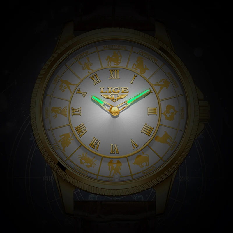 LIGE Fashion Leather Watch For Men Creative 12 Constellation Big Dial Watch Men Casual Luminous Waterproof Quartz Chronograph