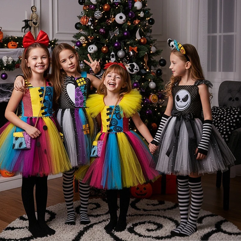 4 Styles Sally/jack Costumes for Girls Halloween Carnival Dresses Kids Scary Disguise Outfit Children Fancy Clothes Tutu Outfit