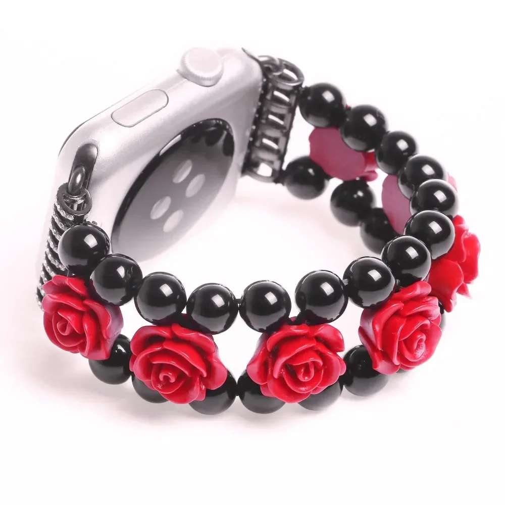 Jewelry Red Rose Flower Agate Band for Apple Watch Ultra 10 9 8 7 6 5 4 SE Bracelet 49mm 46mm 45mm 44mm 40mm 42mm 41mm Wristband