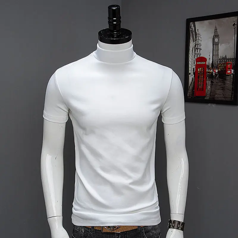 Fashion Men\'s Summer Korean Style Plus Size Harajuku T-Shirt Short Sleeve High Neck Turtleneck Slim Fit Luxury Clothing Male