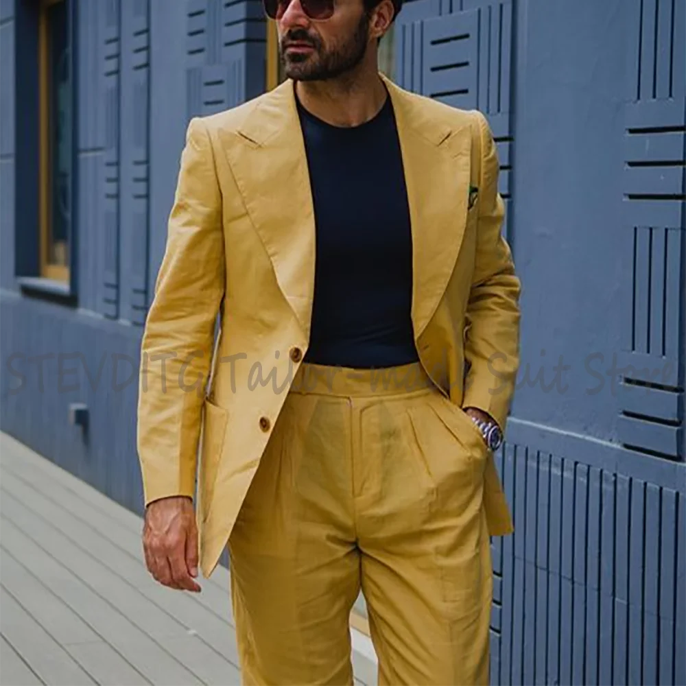 

New Summer Linen Men Suits Casual Jacket Pants Peak Lapel Single Breasted Comfy Breathable Fashion Street Style Outfit Set
