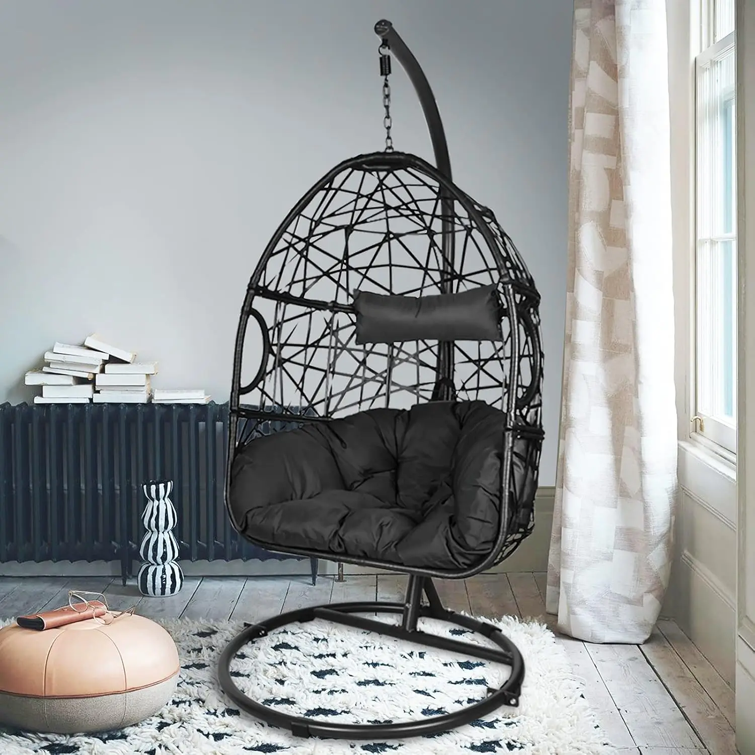 Egg Chair With Stand Outdoor Patio Swing Wicker Hanging Chair Swing Chair With Uv Resistant Tufted Cushion Indoor Hammock