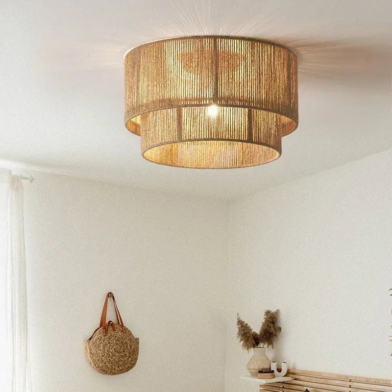 Retro Handmade Rattan Chandelier Hemp Rope Woven Ceiling Lamp For Bedroom Living Room Country Style Decoration Ceiling Light