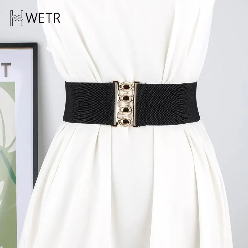 Women\'s Wide Elastic Waist Belt Fashion Simple Metal Buckle Waistband Corset Cinch Belt Dress Stretchy Belts