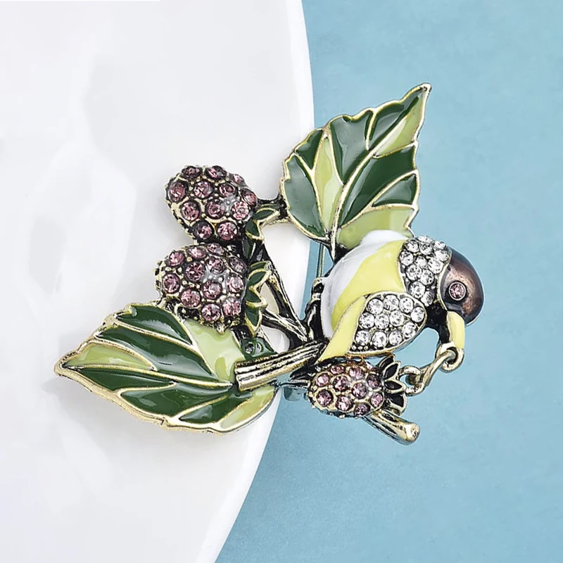Wuli&baby Cute Fruits Bird Brooches For Women Unisex Enamel Rhinestone Plants Animal Party Office Brooch Pins Gifts