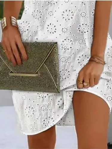 Imagen 2 del producto Vestidos elegantes con cuello en V, bordado con ojales, detalle atado, sin mangas, Mini vestido recto, moda de vacaciones, vestido de verano