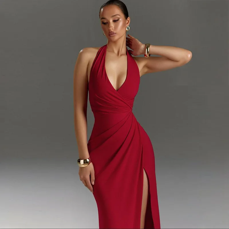 

New Suspender Dress With Sexy Temperament, Spicy Girl V-Neck Hanging Neck High Slit Dress