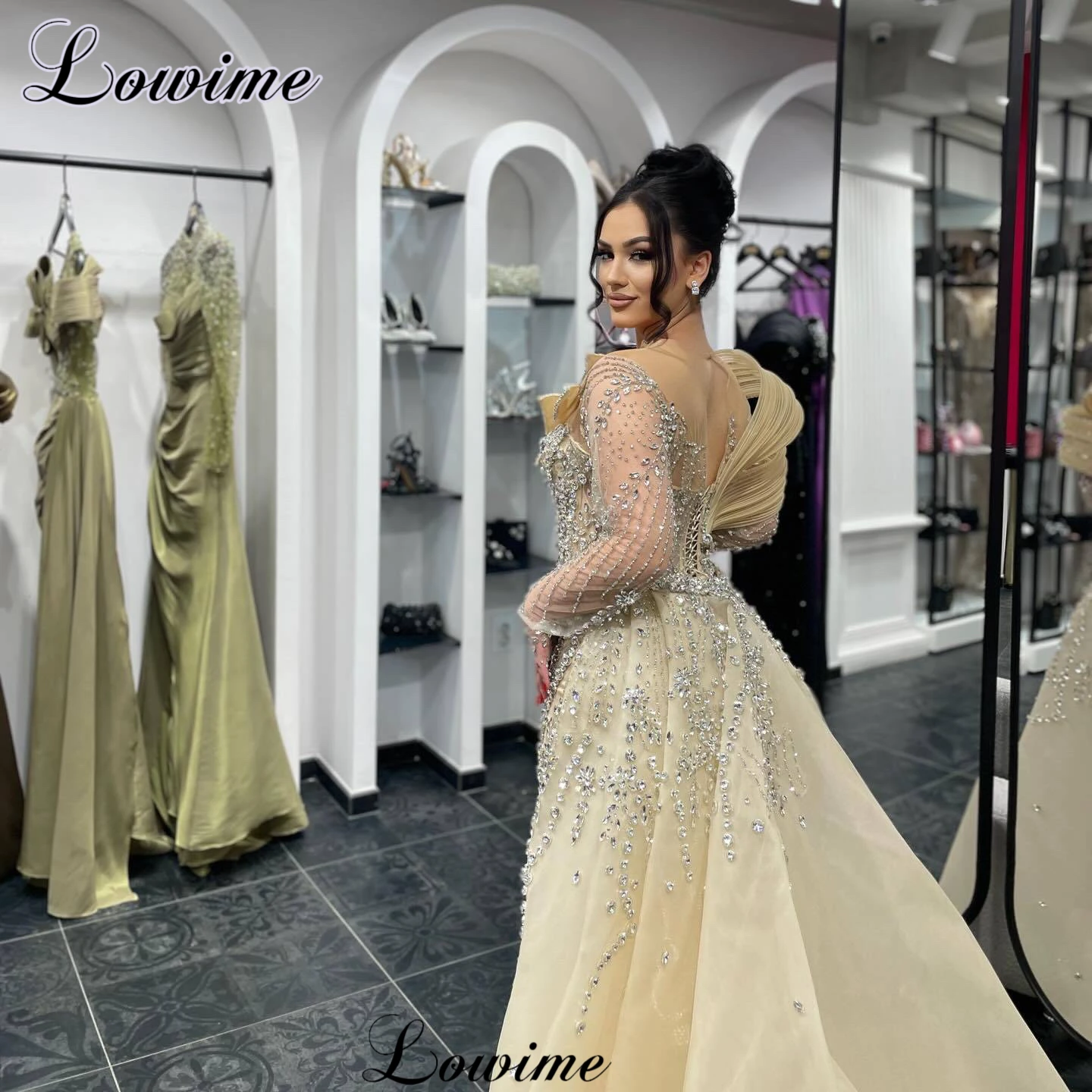 Luxury Full Crystals Evening Dresses With Detachable Train Long Sleeves Formal Occasion Dresses Robes De Soirée Customized