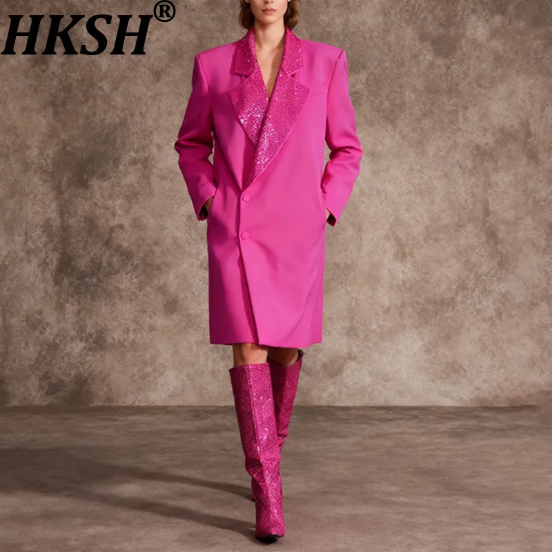 HKSH Spring Autumn New Women Long Blazer Solid Color Studded Diamonds Single Breasted Elegant Chic Ins Party Trench Coat HK16277