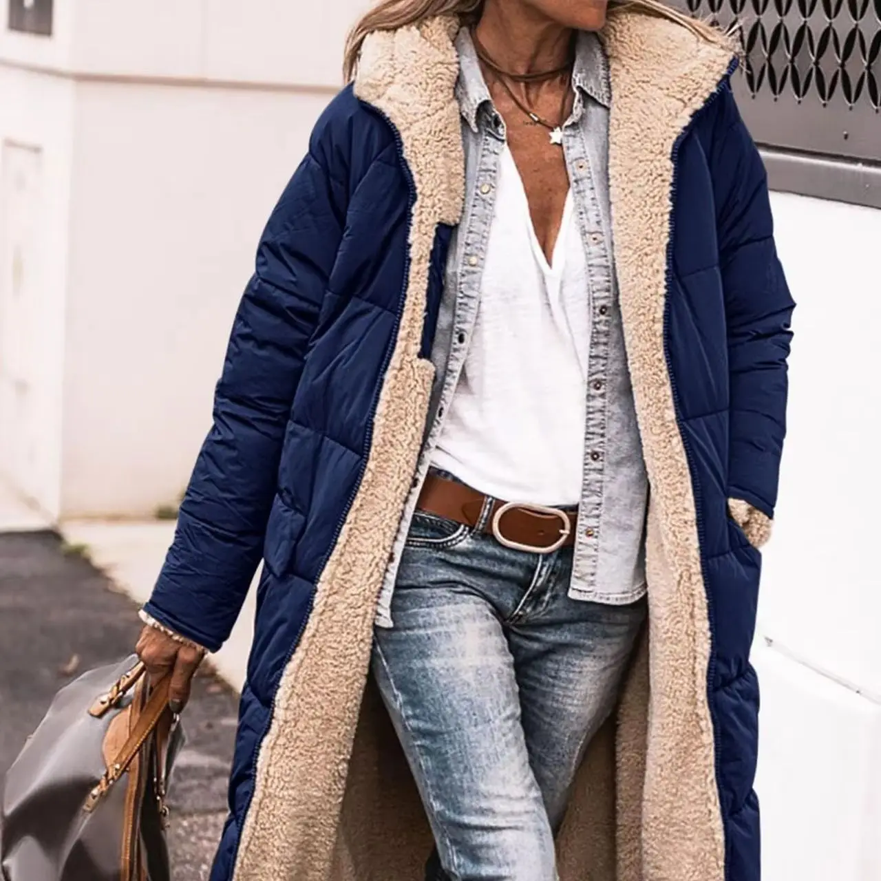 Faux Shearling Lined Jacket Women Winter Long Hooded Quilted Coat Warm Thick Puffer Outerwear Solid Casual Long Sleeve Fashion P