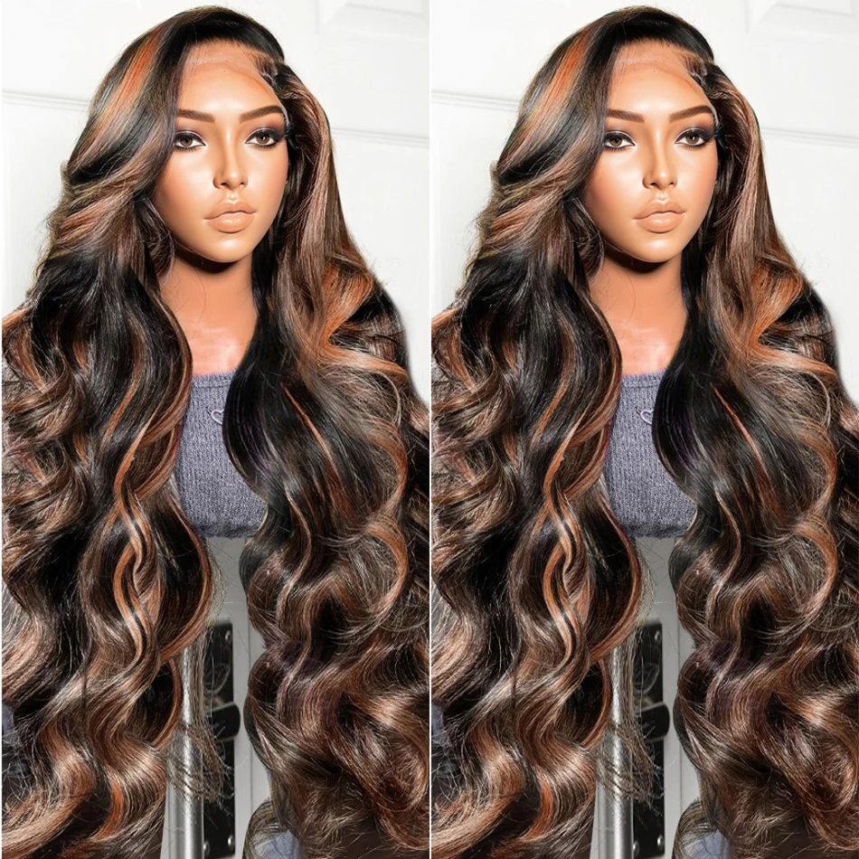 300 High Density Ombre Highlight Body Wave 13x4 HD Lace Front Human Hair Wigs 1B/30 Black Brown Colored 13x4 Lace Frontal Wigs