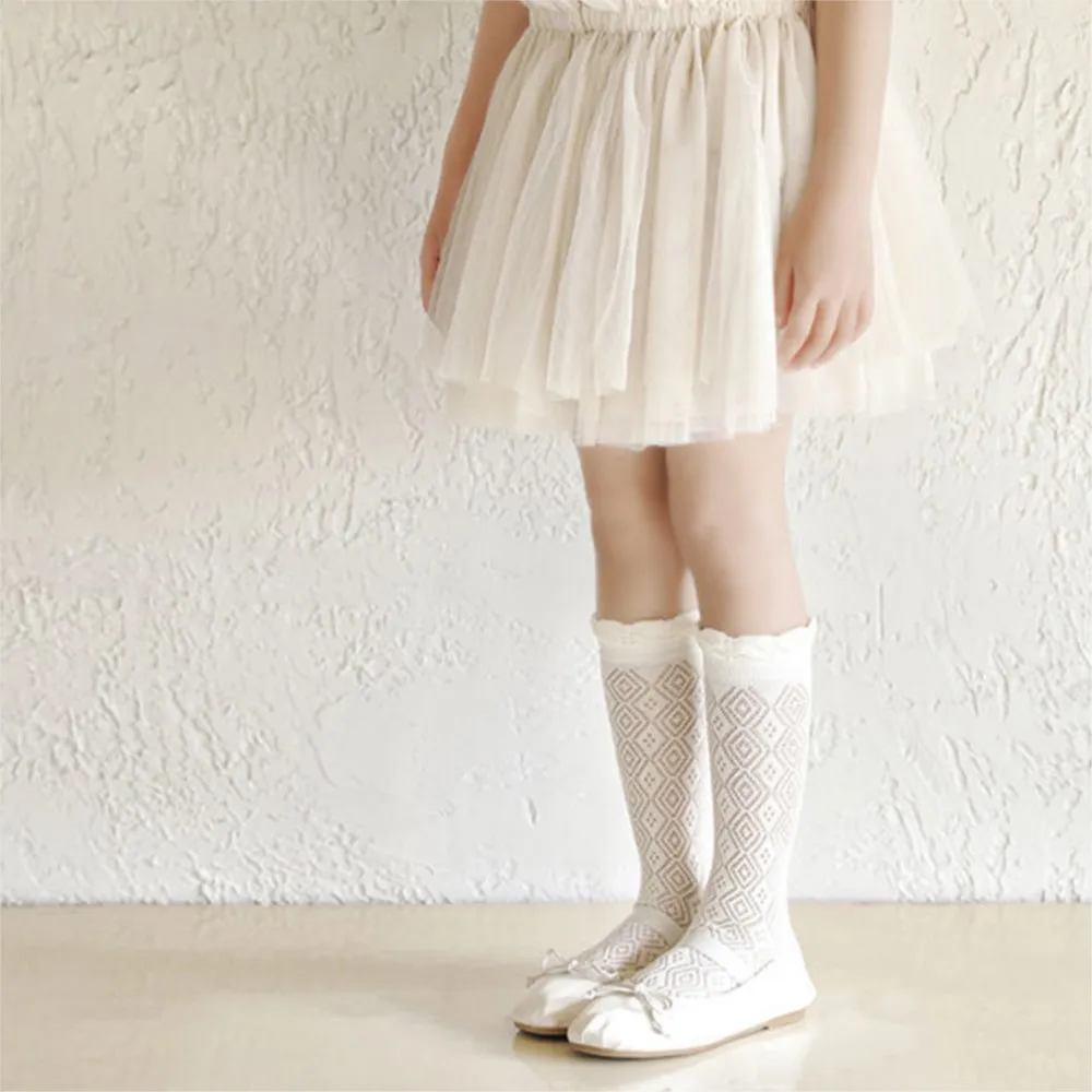 

3Pairs White Lace Ruffle Baby Socks Lolita Girls Princess Knee High Sock Summer Mesh Breathable Kids Long Socks