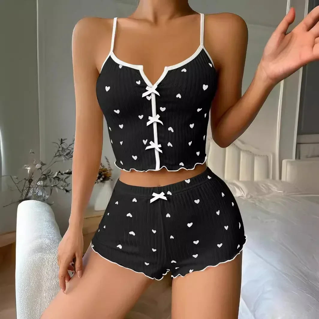 Women Sexy Sleepwear Pajamas Sets Heart Printed Silk Stain V-Neck Sleeveless Casual Cami Top and Shorts Sets Loungewear