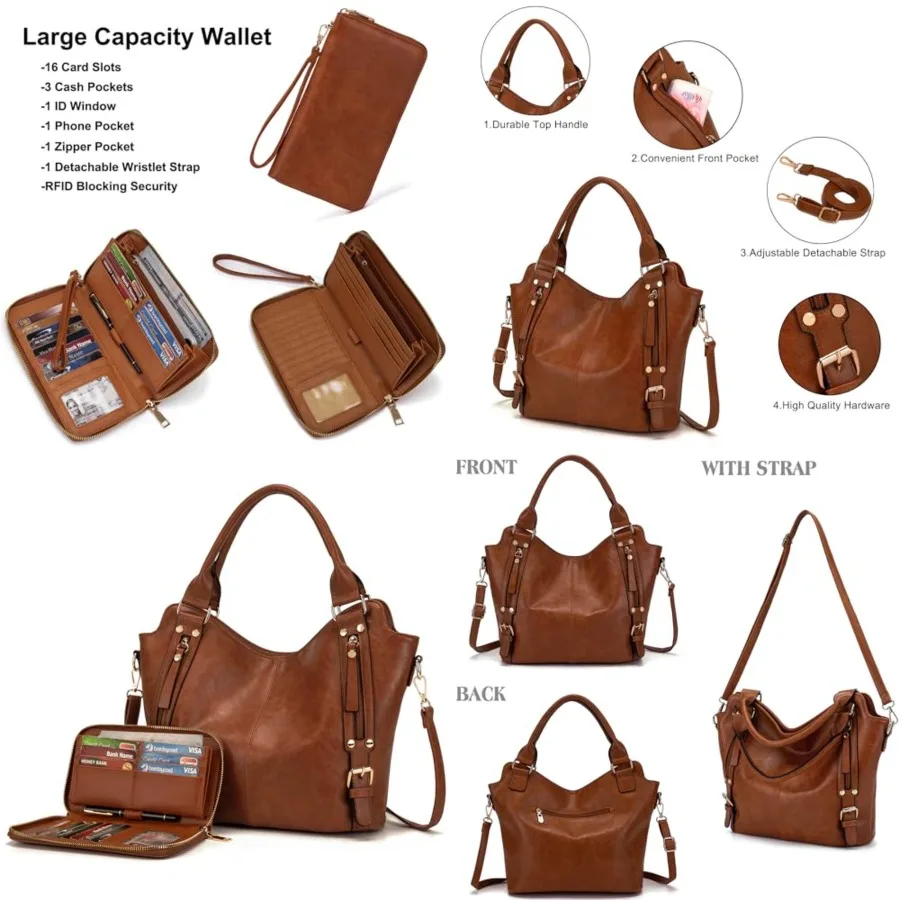 

Crossbody Bags for Women Large Hobo Purse PU Leather Shoulder Handbag Ladies Tote Wallet Set 2PCS