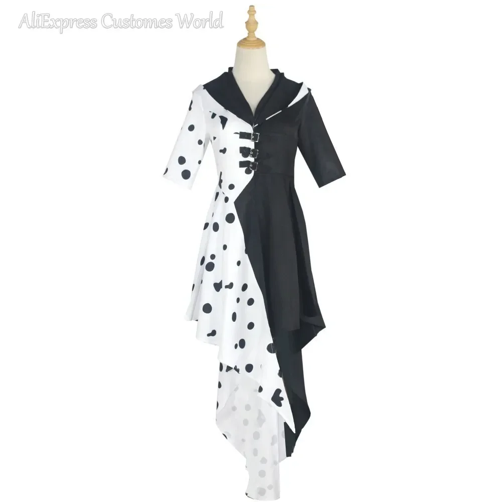 Queen DeVil Cruella 101 Cani Cos Spot Dress Anime 101 Cani Crudelia Costume Cosplay Halloween Outfit Mantello Vestito Per Le Donne Adulte