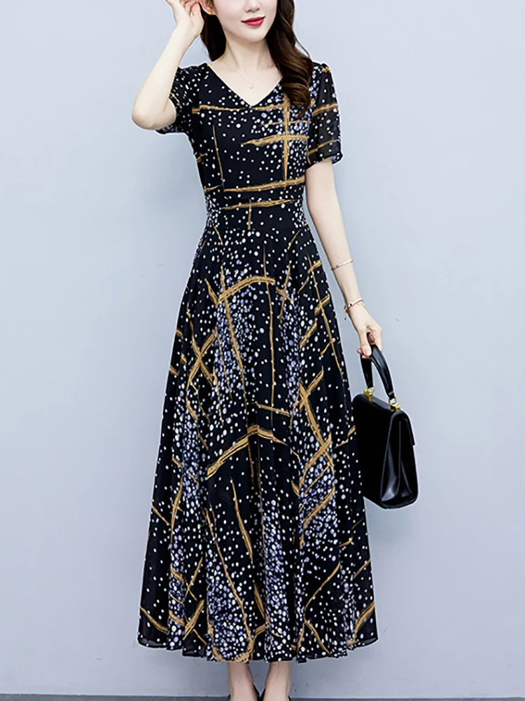 korean dress women chiffon Summer Black Print Chic Prom Long Vintage Luxury Party Vestidos 2024 Elegant Bodycon Night Maxi Dress Fit:Classic (Athletic) White Mini Dress Backless long sleeves prom dresses Long dress have for any womans