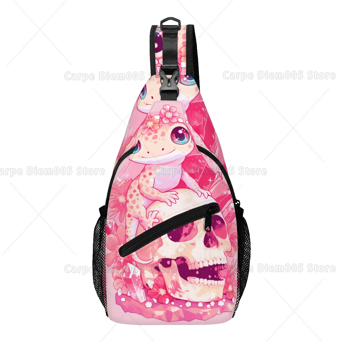 

Женская милая 15-дюймовая сумка через плечо с принтом аксолотля — черная с розово-синим животным дизайном, прочная повседневная нагрудная сумка из полиэстера