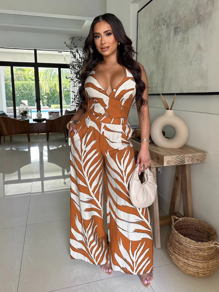 

Sister Star 2025 Women's Sexy Print Hanging Neck Range Top Wide-legged Pants Three-dimensional Cut A Glance Fall Two-piece Suit