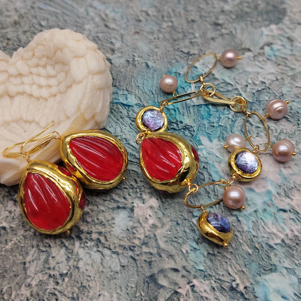 YYGEM Cultured Purple Pearl 16mm Murano Glass 24x30mm Red Quartz Charm Bracelet Earrings Set view 5