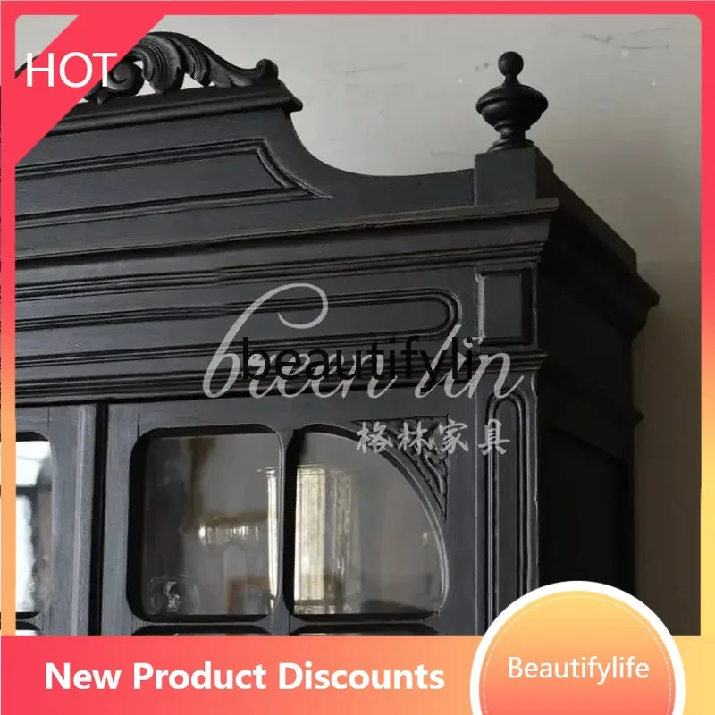 

smt53 French retro solid wood carving flower wine cabinet American country decorative cabinet storage, display cabinet