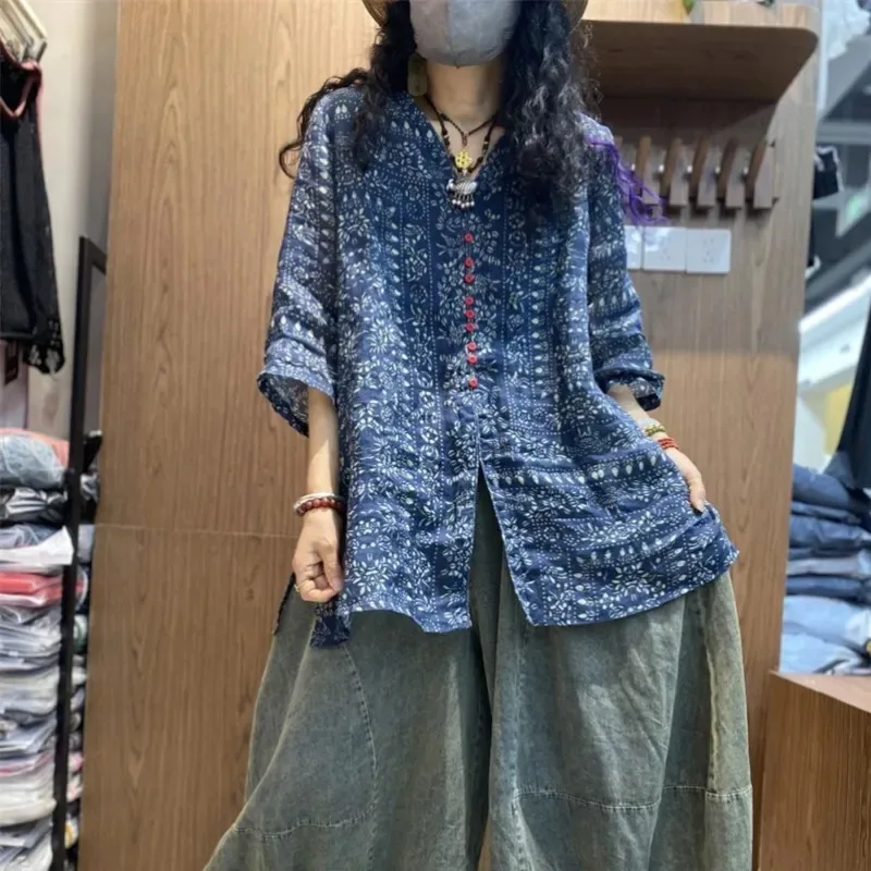 

Women's Boho V Neck Floral Print 3/4 Sleeve Linen Blouse Loose Fit Button Down Casual Top