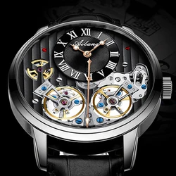 AILANG-relojes de cuero con doble Tourbillon para hombre, pulsera mecánica automática, resistente al agua