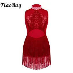 Kids Girls Sequins Tassel Latin Dance Dress Shiny Rhinestone Fringed Skirts Ballet Jazz Leotards Bodysuit Dresses Dancewear