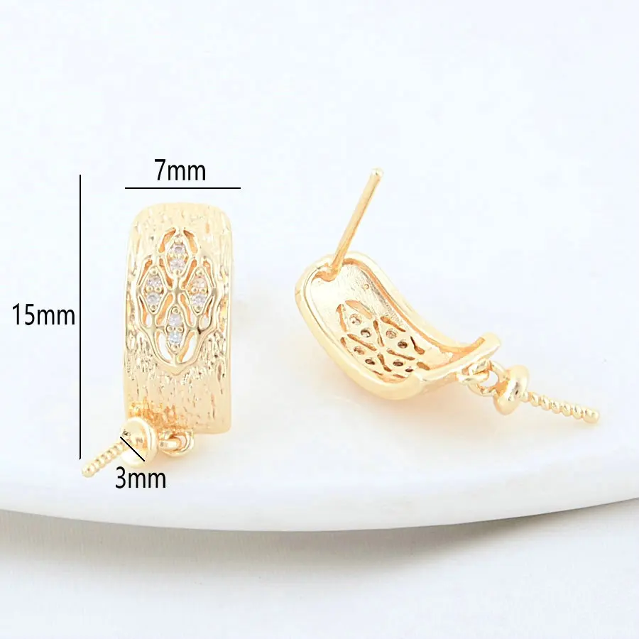 7*15MM 14K Gold Color Brass and Zircon with Half Pin Beads Caps C Shaped Stud Earrings Pins Jewelry Making Supplies Findings