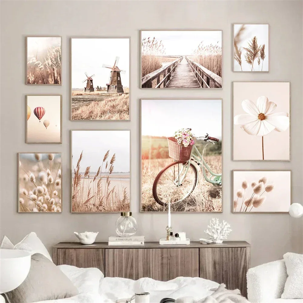 

Nordic Hay Flower Reed Poster Beige Landscape Prints Hot Air Balloon Bike Windmill Canvas Painting Wall Pictures Home Decoration