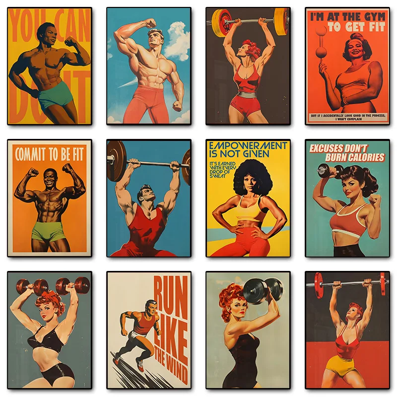 Retro Gym Bodybuilder Muscular Woman With Dumbbells Workout Poster Print Wall Art Pictures Canvas Painting Room Home Decor Gift