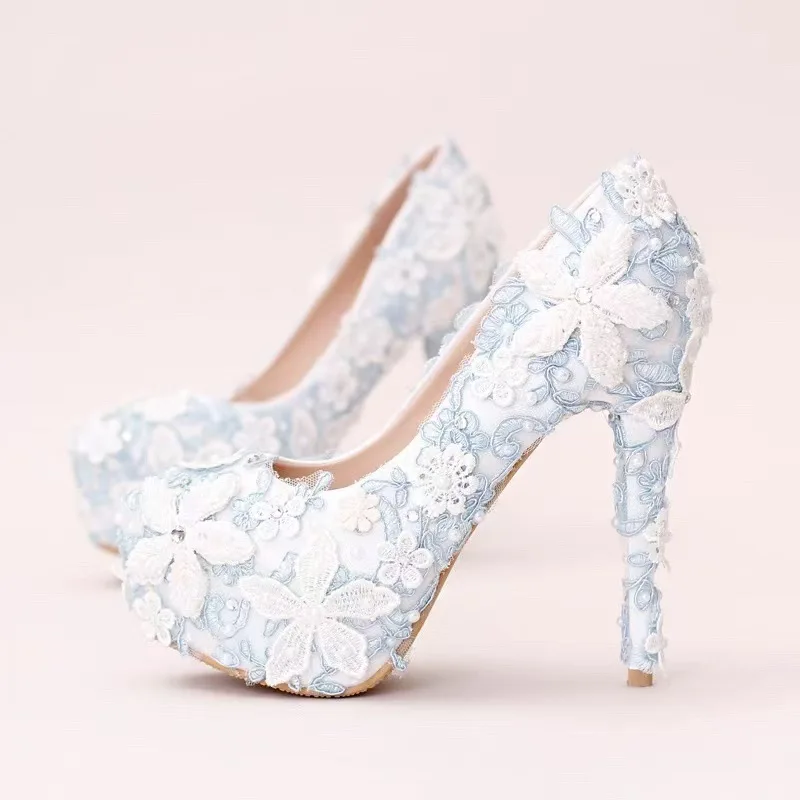 14Cm Shallow Blue Flower Pearl Wedding Shoes High Heel Dress Shoes Women Shoes