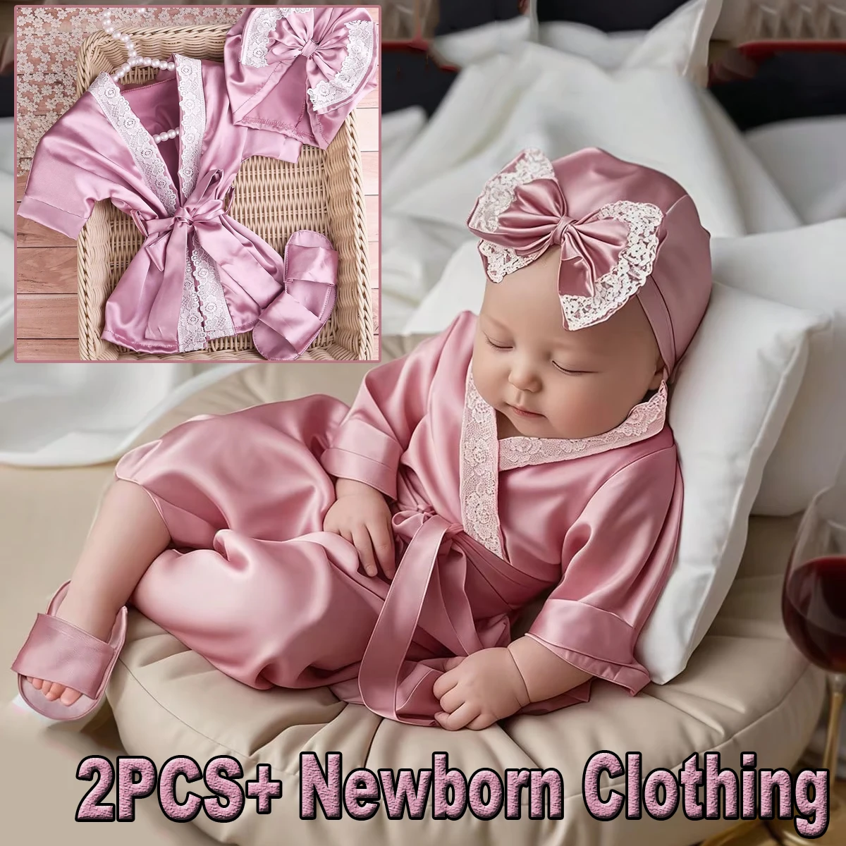 Ylsteed 3Pcs Newborn Photography Props Girl Lace Comfortable Bathrobe Outfits With Bow Turban Hat And Slippers Baby Pics-HD