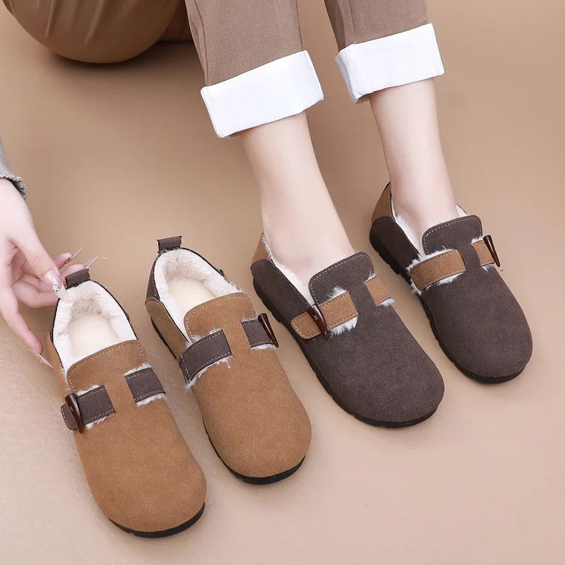 2024 autumn and winter new cashmere warm lazy slip-on women's cotton shoes retro fashion bean shoes cotton boots