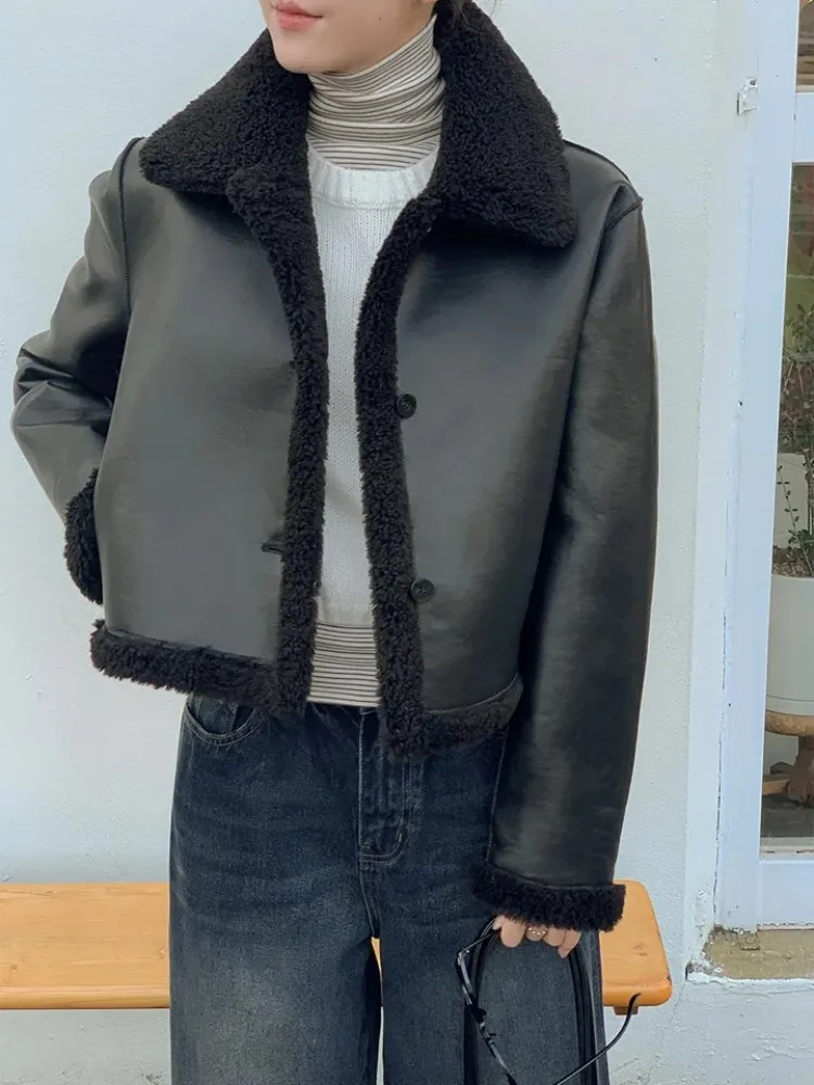 ريترو طوق بولي Leather الجلود Jaet المرأة الشتاء على الوجهين ارتداء فرو الضأن ort أعلى لصق Sle الكورية Faion ملابس خارجية