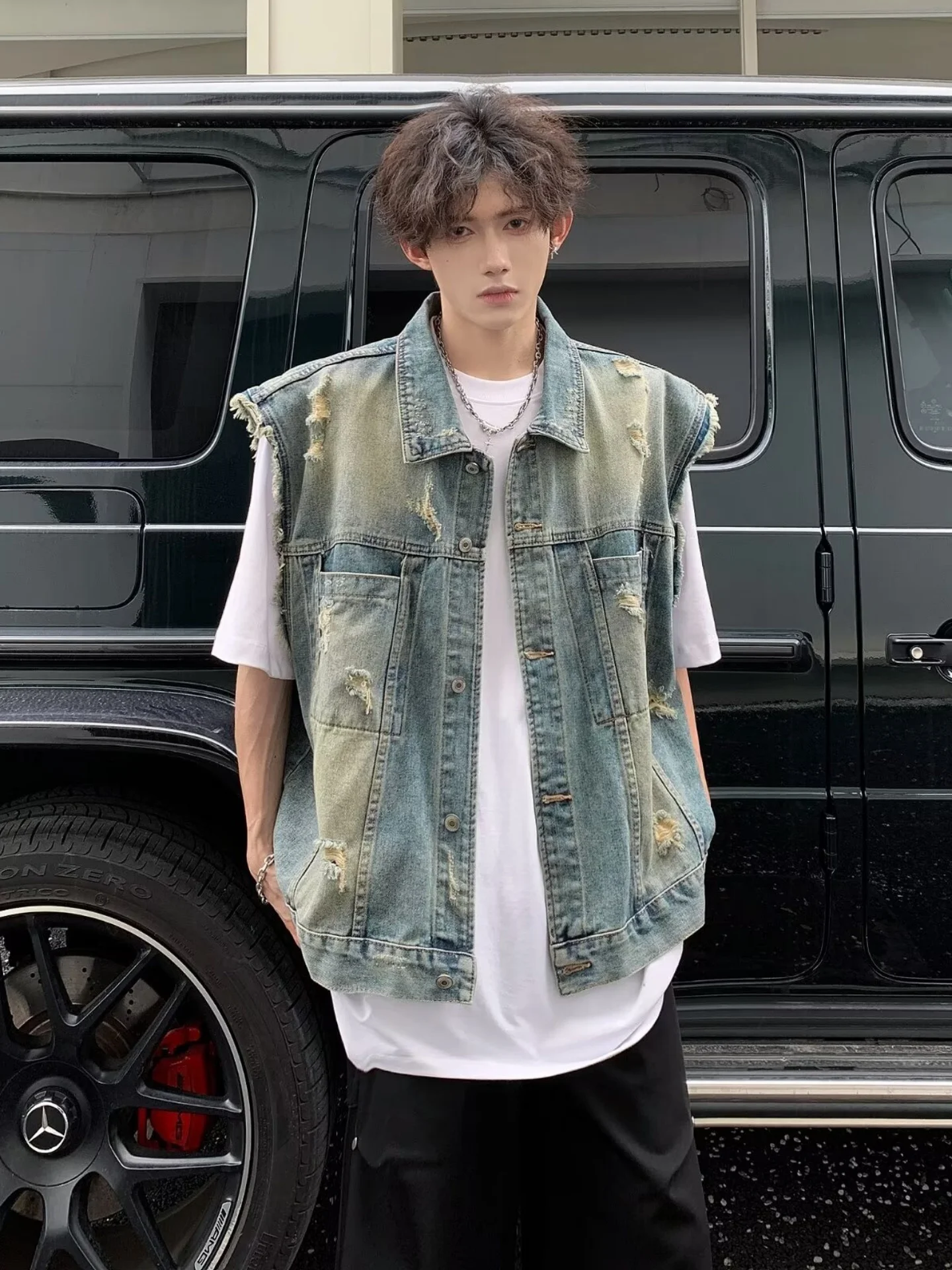 

Summer Loose Fit Men's Denim Vest American Retro Workwear Shoulder Pad Tank Top Street Style Worn-In Outerwear Jacket
