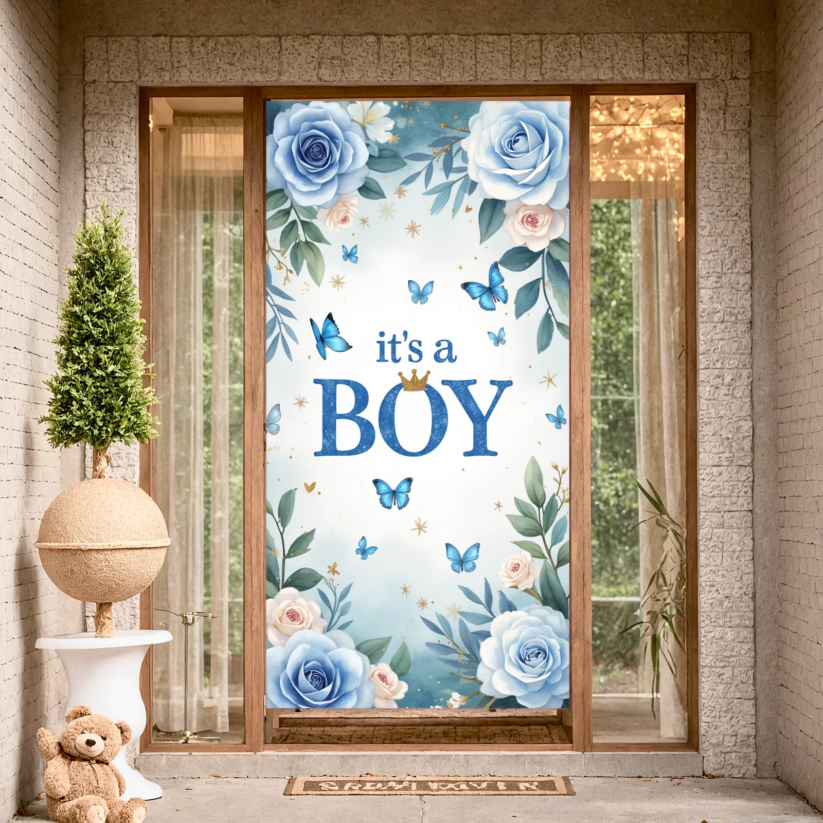 Decorative Design Baby Announcement Banner Blue Floral It's a Boy for Baby Shower Gender Reveal Newborn Event